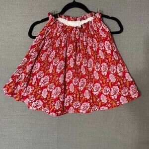 Red Pink Floral Block Print Cotton Skirt Boho Peony Smocked Elastic Skort Small